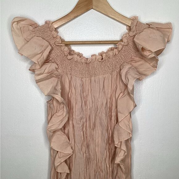 Mango NWOT Soft Blush Peach Ruffled Pleated Crinkle Off Shoulder Date Top M - Picture 4 of 8